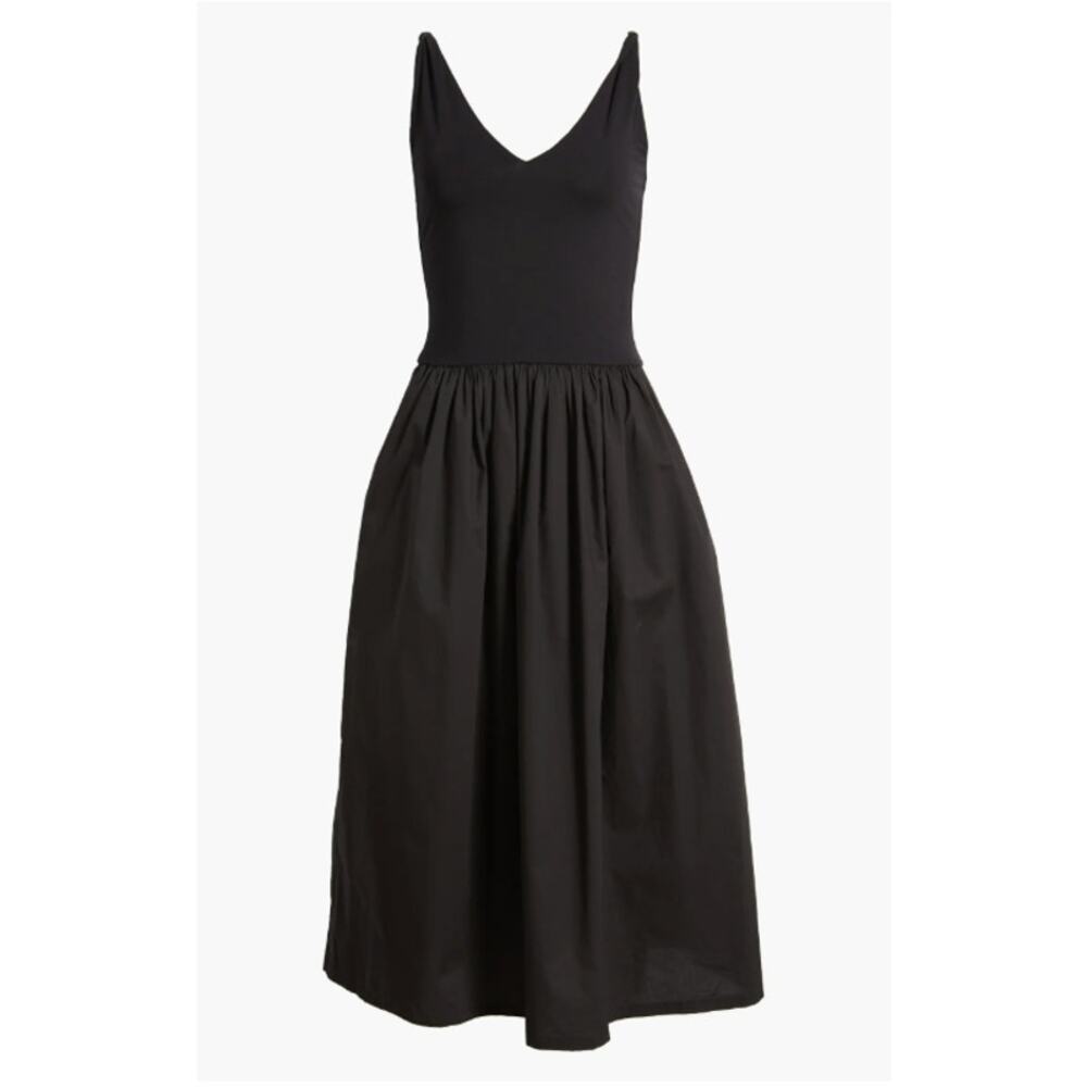 Rails Franca Dress Black XS Pockets Sleeveless Midi Drop Waist V Neck Poplin LBD - Picture 2 of 9